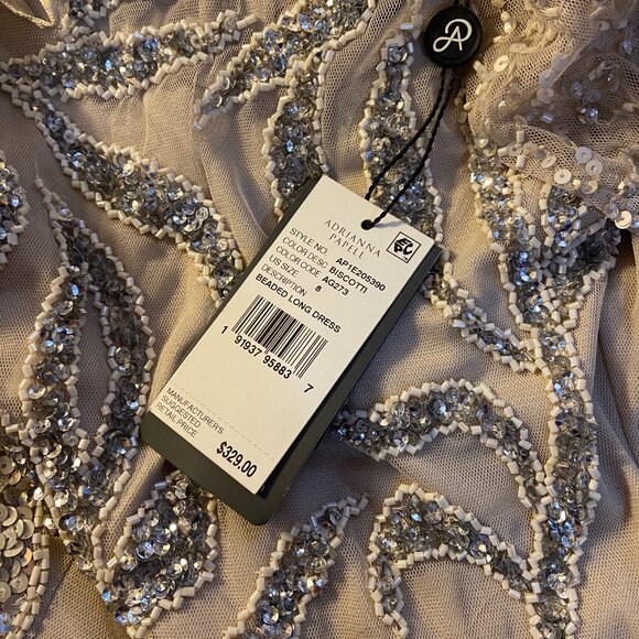 NWT Adrianna Papell Long Sleeve Beaded Long Gown Starburst Bead Pattern - Picture 4 of 4